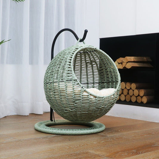 Hanging Rattan Cat Hammock Bed – Semi-Enclosed Breathable Pet Nest for All-Season Comfort