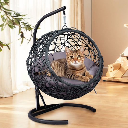 Cat Swing Bed with Stand & Cushion, Cat Egg Chair with Rattan Wicker Appearance, Indoor Outdoor Hanging Swinging Pet Bed