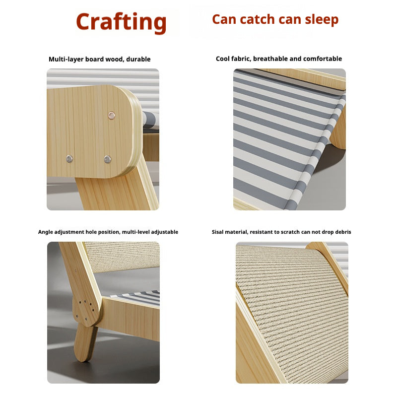 Cat Bed & Scratcher in One – Large Elevated Solid Wood Lounge with Sisal Mat, Eco-Friendly & Cool Touch for Summer